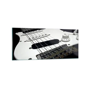Impression sur verre - Image sur verre - Gros plan d'une guitare électrique blanche sur fond noir. - 120x50cm - Son caché en blanc - Décoration murale moderne pour le salon et la chambre ARTTOR