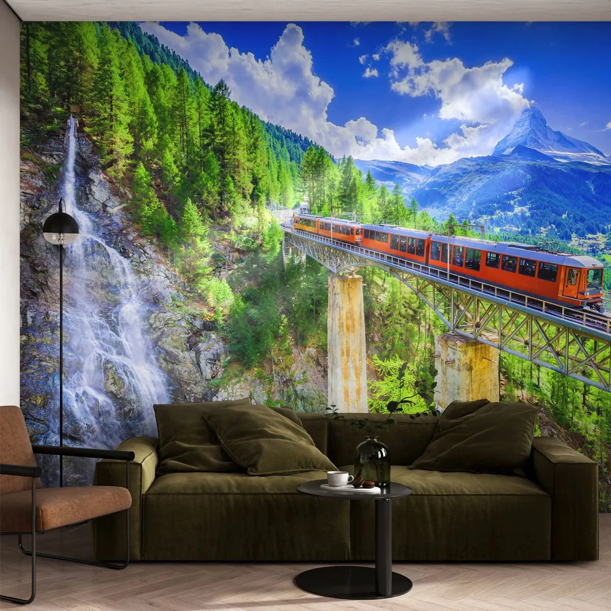 Papier Peint Photo Premium Sand - Train dans les Alpes - Former, Pont, Paysage - 100x70 cm