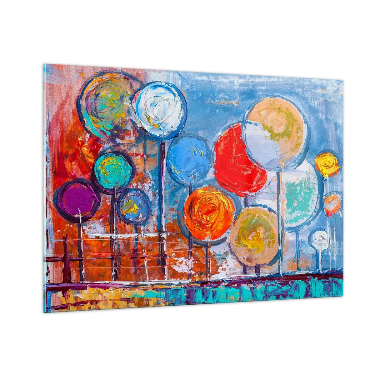 Impression sur verre - Image sur verre - Arbres colorés et abstraits peints contre le ciel - 100x70cm - Miracles sur le bâton - Décoration murale moderne pour le salon et la chambre ARTTOR