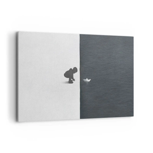 Impression sur toile - Image sur toile - Une figure d'enfant avec un bateau en papier sur un fond de moitiés contrastées - 120x80cm - Grande expédition - Décoration murale moderne pour le salon et la chambre ARTTOR