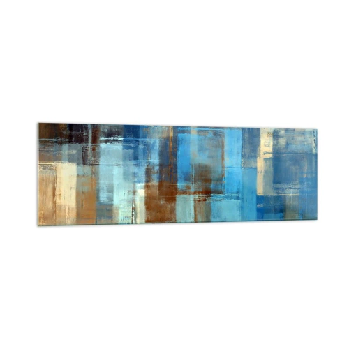 Impression sur verre - Image sur verre - Composition géométrique abstraite dans les tons de bleu et de marron - 160x50cm - A travers le voile bleu - Décoration murale moderne pour le salon et la chambre ARTTOR