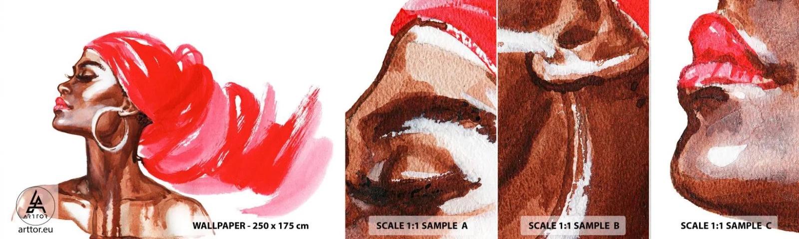 Échantillon de Papier Peint Autocollant Deluxe Sticker - "Les cheveux dans le vent" - Portrait d'une femme, Visage de femme, Abstraction - 100x30 cm