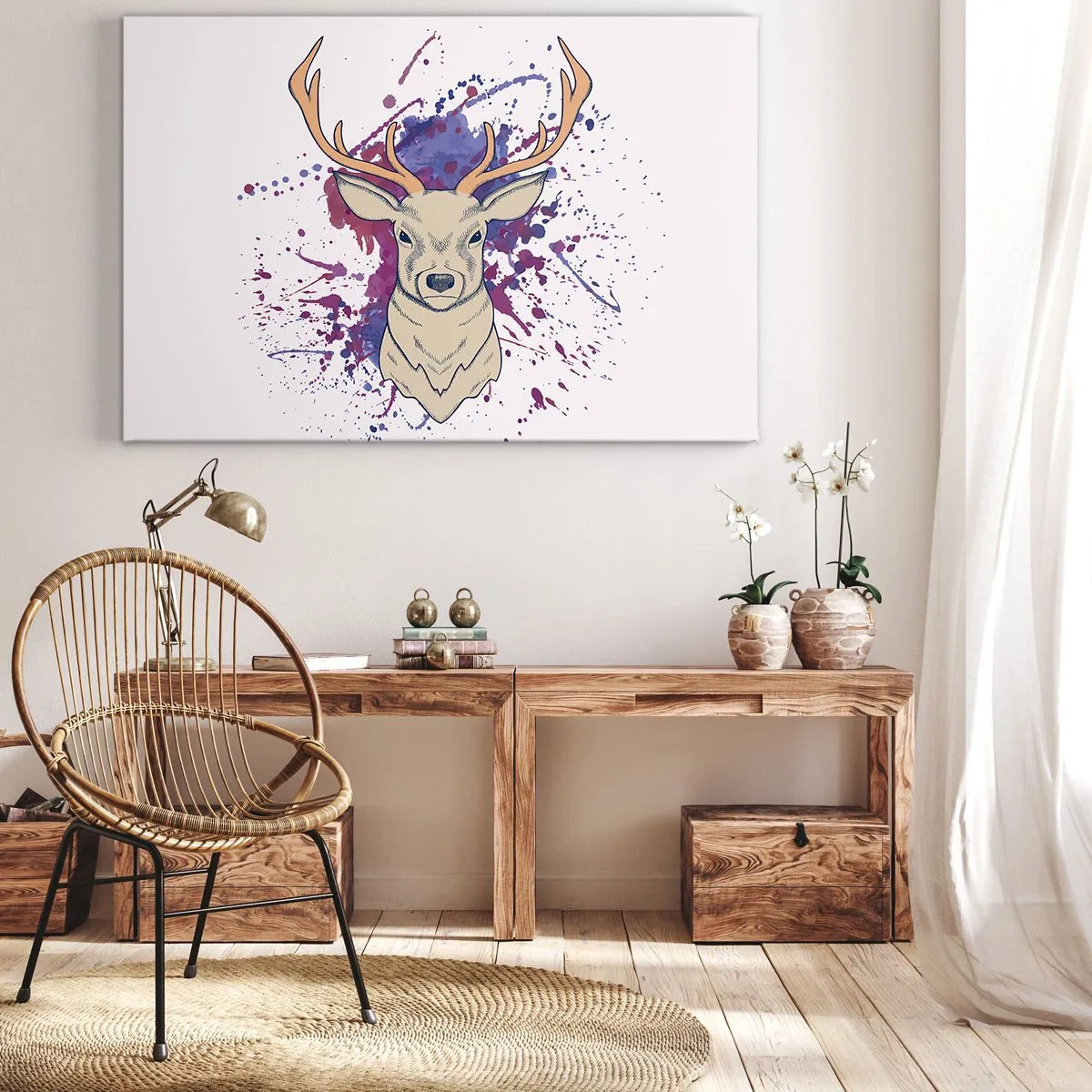 Impression sur toile - Image sur toile - Portrait d'un cerf avec des taches abstraites en arrière-plan - 100x70cm - Courage et équilibre - Décoration murale moderne pour le salon et la chambre ARTTOR