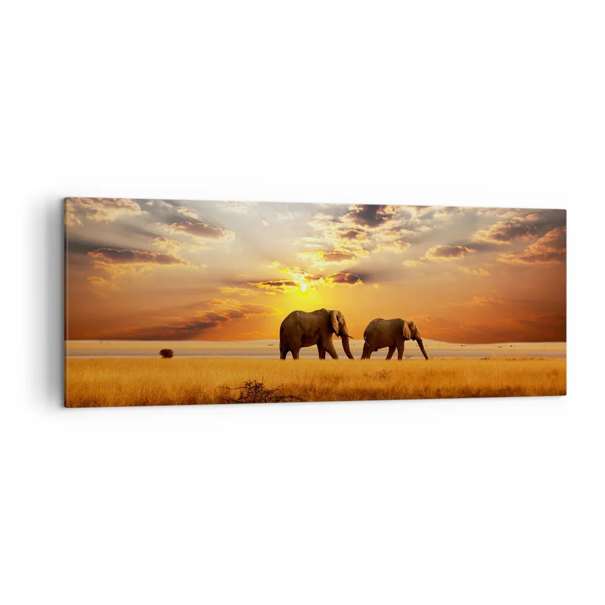 Impression sur toile - Image sur toile - Éléphants dans la savane au coucher du soleil - 140x50cm - Déambulation familliale - Décoration murale moderne pour le salon et la chambre ARTTOR