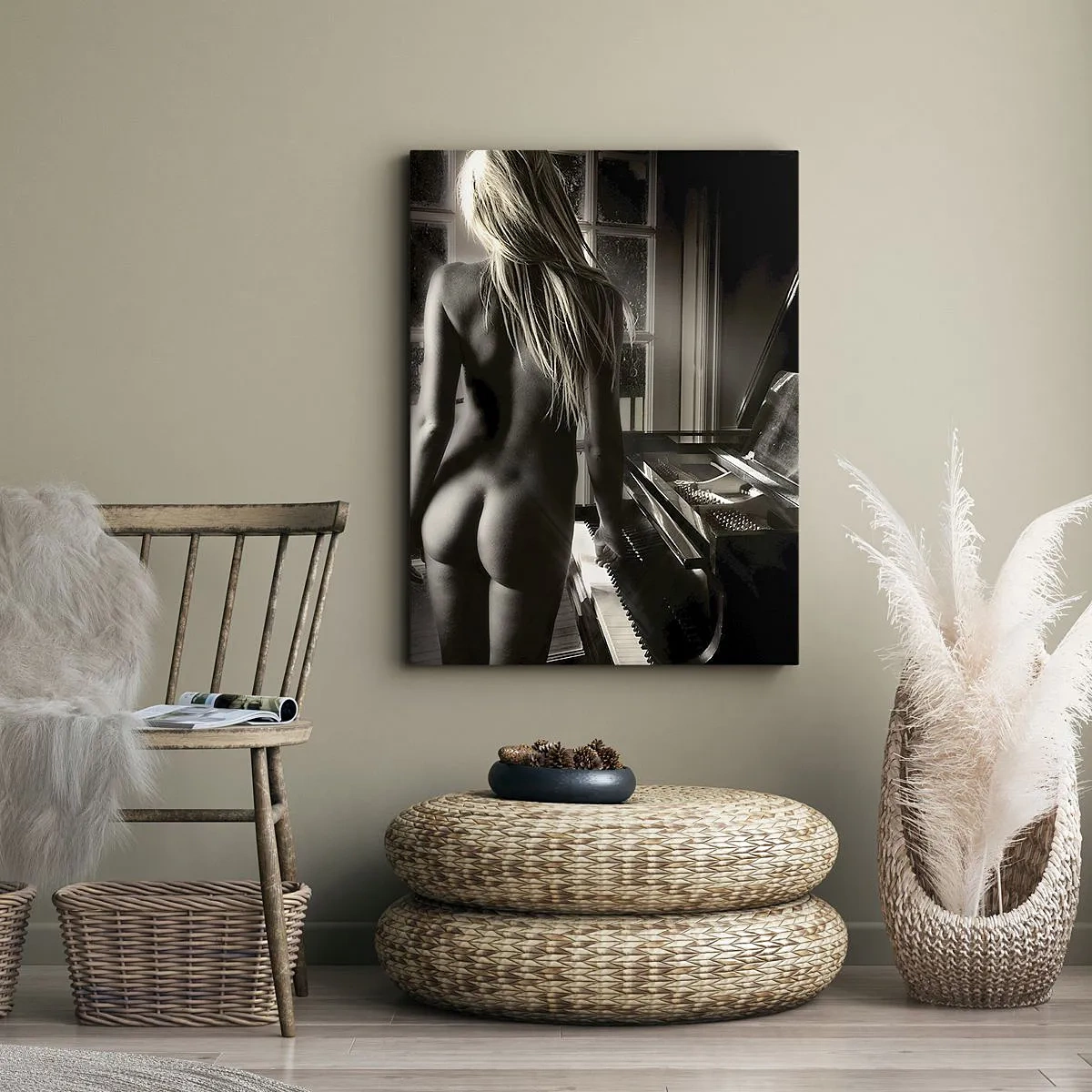 Impression sur toile - Image sur toile - Nu féminin au piano en noir et blanc - 50x70cm - Harmonie parfaite du soir - Décoration murale moderne pour le salon et la chambre ARTTOR