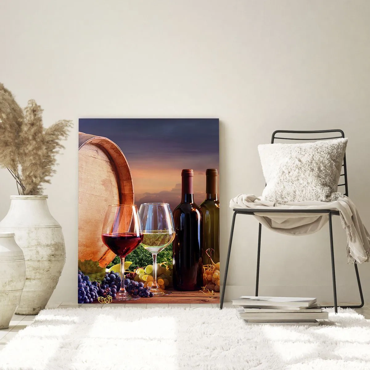 Impression sur verre - Image sur verre - Du vin, des verres et un tonneau dans un paysage pittoresque - 80x120cm - Ici la vie a du goût - Décoration murale moderne pour le salon et la chambre ARTTOR