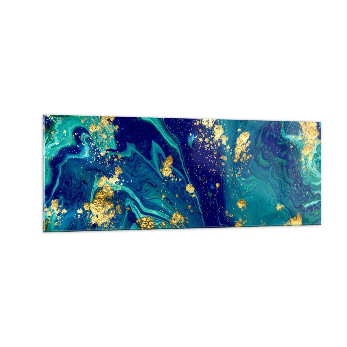 Impression sur verre - Image sur verre - Une composition abstraite avec des accents bleus, verts et dorés. - 140x50cm - Les pétales du soleil - Décoration murale moderne pour le salon et la chambre ARTTOR