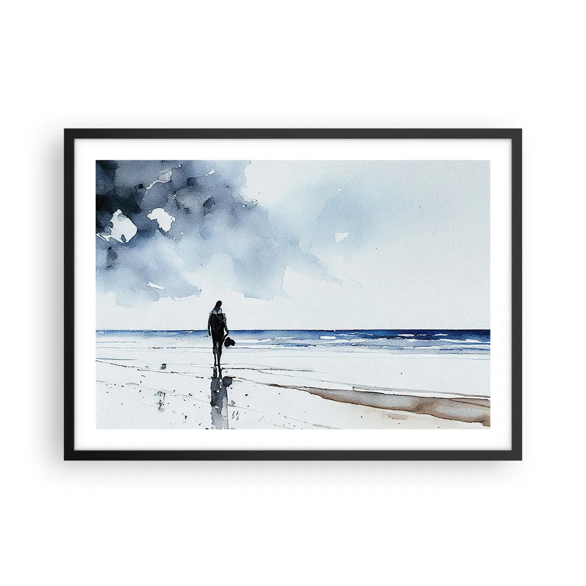 Affiche dans un cadre noir - Poster - Une silhouette sur une plage dans un environnement marin calme - 70x50cm - Conversation avec la mer - Décoration murale moderne pour le salon et la chambre ARTTOR