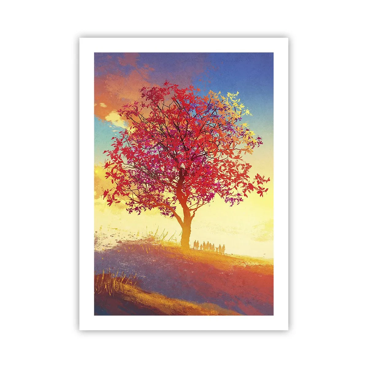 Affiche - Poster - Un arbre aux feuilles rouges sur fond de soleil couchant - 50x70cm - Pèlerin à destination - Décoration murale moderne pour le salon et la chambre ARTTOR