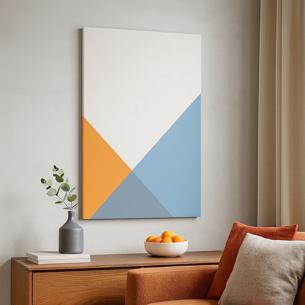Impression sur toile - Image sur toile - Triangles géométriques dans les tons de bleu et d'orange - 50x70cm - Sous cette angle.... - Décoration murale moderne pour le salon et la chambre ARTTOR