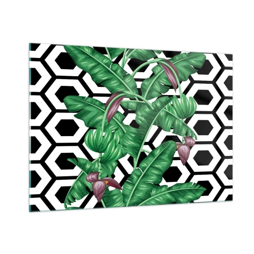 Impression sur verre - Image sur verre - Feuilles et fleurs tropicales sur un fond à motifs géométriques noir et blanc - 100x70cm - Une composition symétrique par nature - Décoration murale moderne pour le salon et la chambre ARTTOR