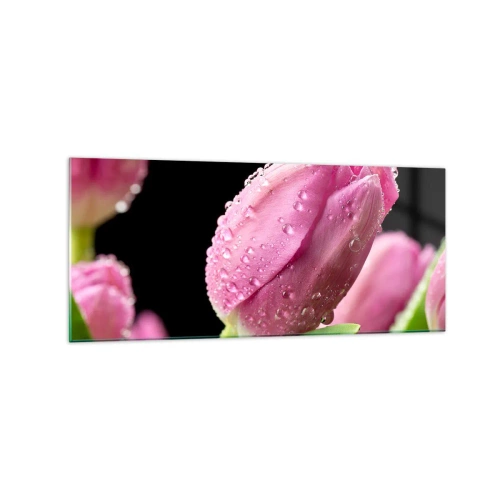 Impression sur verre - Image sur verre - Tulipe rose avec des gouttes d'eau sur fond noir - 120x50cm - Rêve de lilas dans la rosée - Décoration murale moderne pour le salon et la chambre ARTTOR