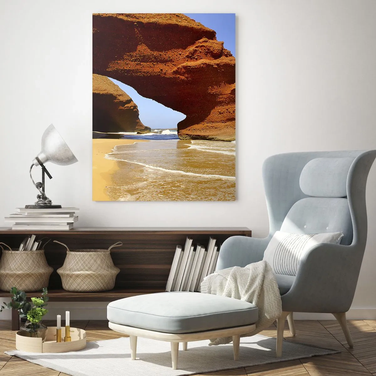 Impression sur verre - Image sur verre - Arches de roche rouge sur la plage et l'océan - 50x70cm - L'eau et le vent depuis des milliers d'années - Décoration murale moderne pour le salon et la chambre ARTTOR