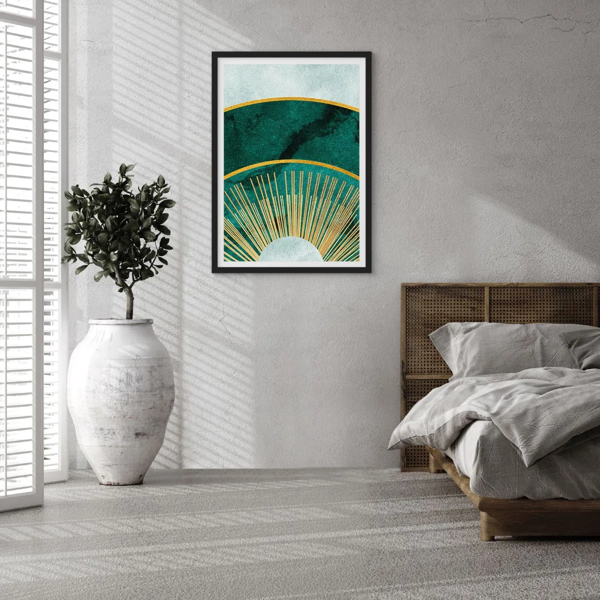 Affiche dans un cadre noir - Poster - Une élégante composition géométrique dans des tons de vert et d'or - 50x70cm - Un autre système solaire - Décoration murale moderne pour le salon et la chambre ARTTOR