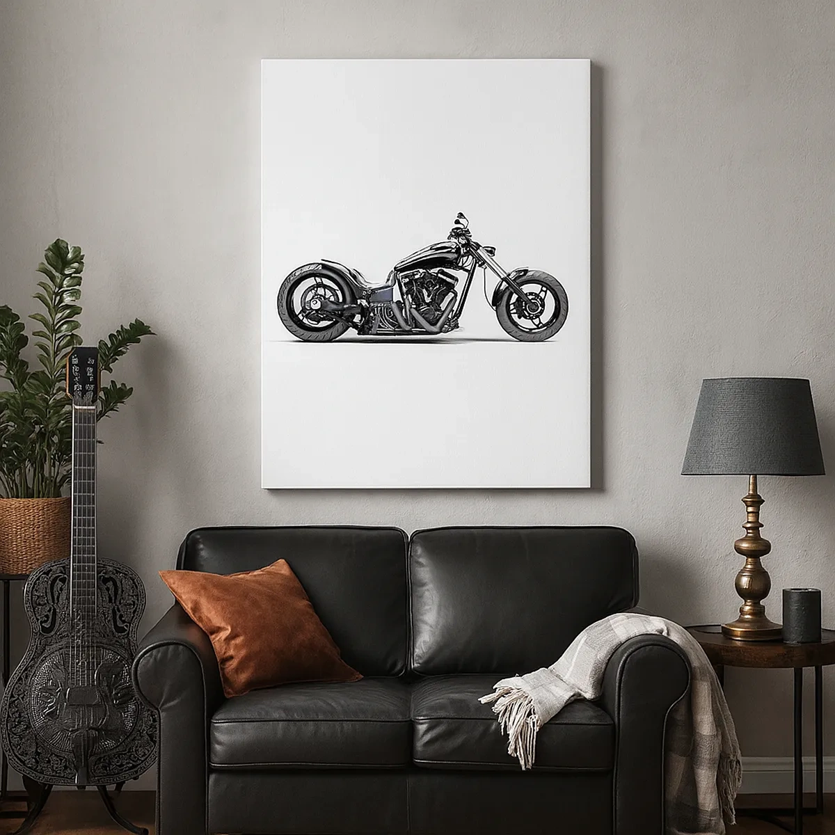 Impression sur toile - Image sur toile - Moto customisée noire élégante sur fond blanc - 50x70cm - Pour ceux qui aiment la liberté - Décoration murale moderne pour le salon et la chambre ARTTOR