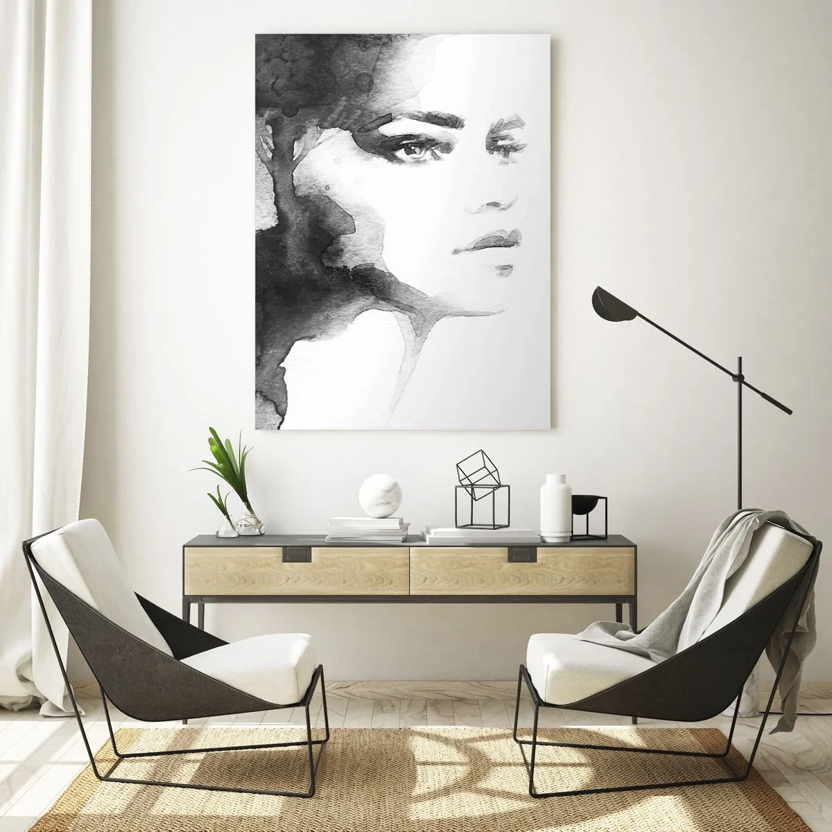 Impression sur verre - Image sur verre - Portrait de femme à l'aquarelle en noir et blanc - 50x70cm - Fait de mystère et de brouillard - Décoration murale moderne pour le salon et la chambre ARTTOR