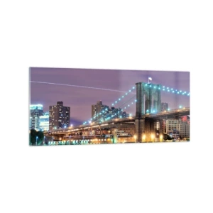 Impression sur verre - Image sur verre - Le pont de Brooklyn la nuit avec la ville illuminée en arrière-plan - 120x50cm - Depuis de nombreuses années le pont de Brooklyn - Décoration murale moderne pour le salon et la chambre ARTTOR