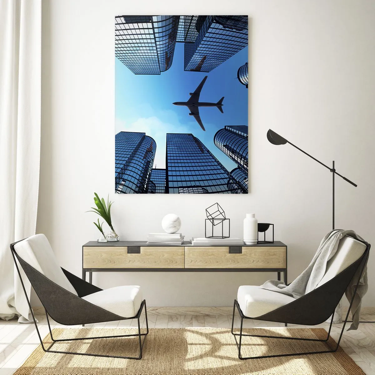 Impression sur verre - Image sur verre - Vue de l'avion entre les gratte-ciels - 50x70cm - La vue depuis le ravin de verre - Décoration murale moderne pour le salon et la chambre ARTTOR