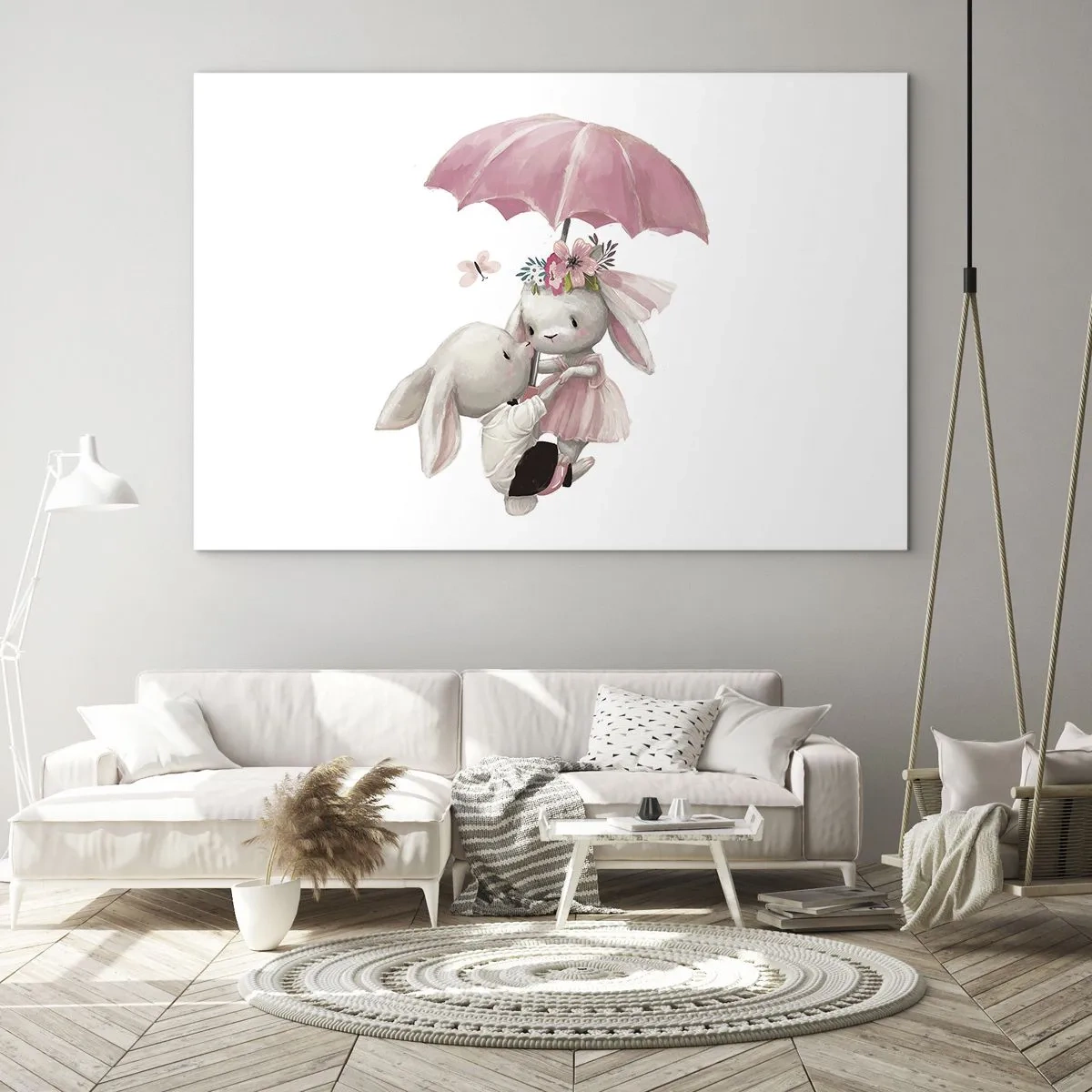 Impression sur verre - Image sur verre - Deux lapins sous un parapluie rose dans une scène romantique - 100x70cm - C'est ça l'amour - Décoration murale moderne pour le salon et la chambre ARTTOR