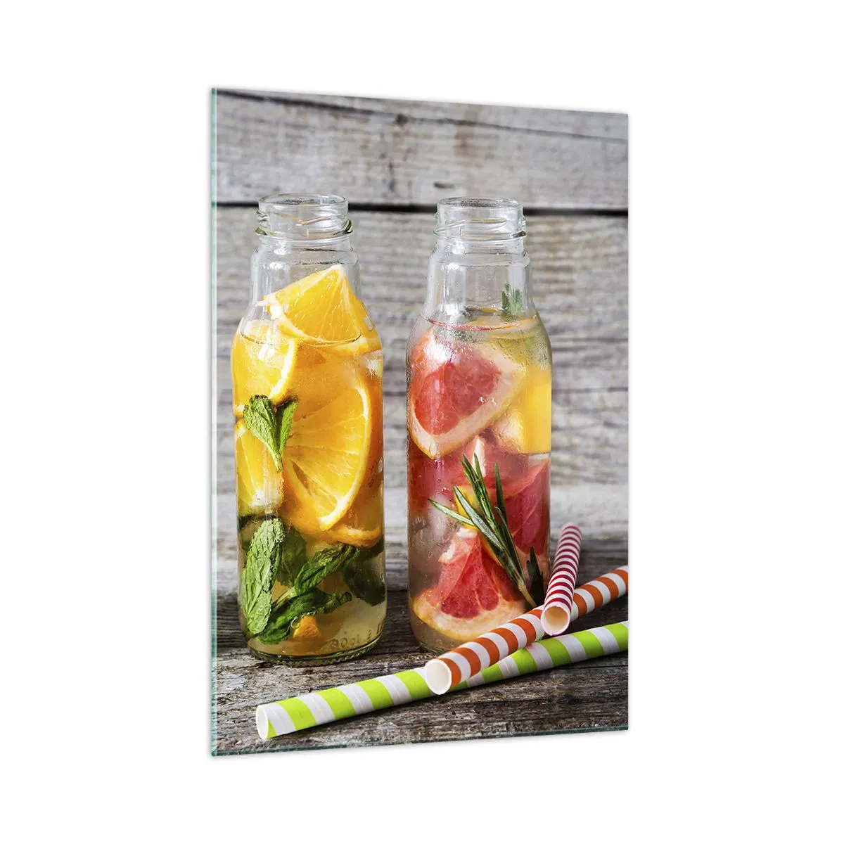 Impression sur verre - Image sur verre - Bouteilles d'eau fruitée et d'herbes sur fond de bois - 50x70cm - Sain par nature - Décoration murale moderne pour le salon et la chambre ARTTOR