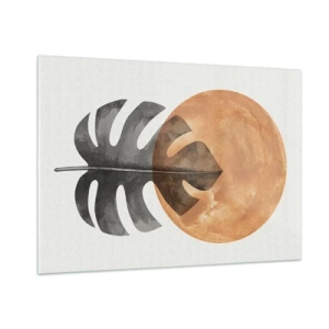 Impression sur verre - Image sur verre - Feuille de Monstera et cercle orange dans un style graphique sur fond blanc. - 100x70cm - Toujours le soleil - Décoration murale moderne pour le salon et la chambre ARTTOR
