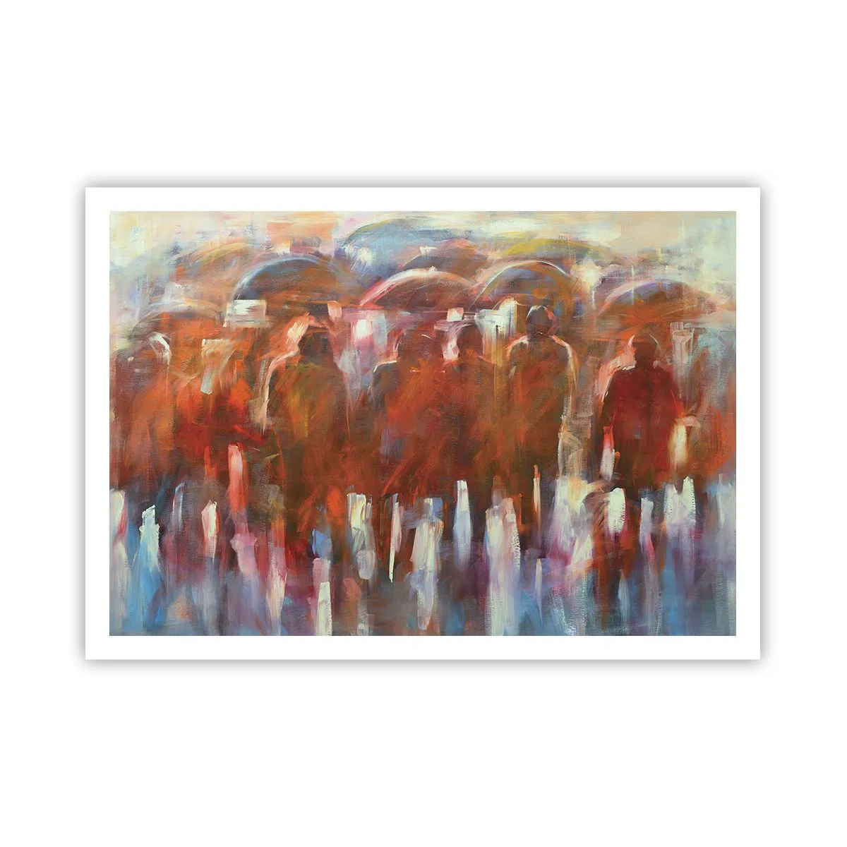 Affiche - Poster - Une foule de personnes avec des parapluies dans un décor pluvieux et artistique - 100x70cm - Identiques sous la pluie et dans le brouillard - Décoration murale moderne pour le salon et la chambre ARTTOR