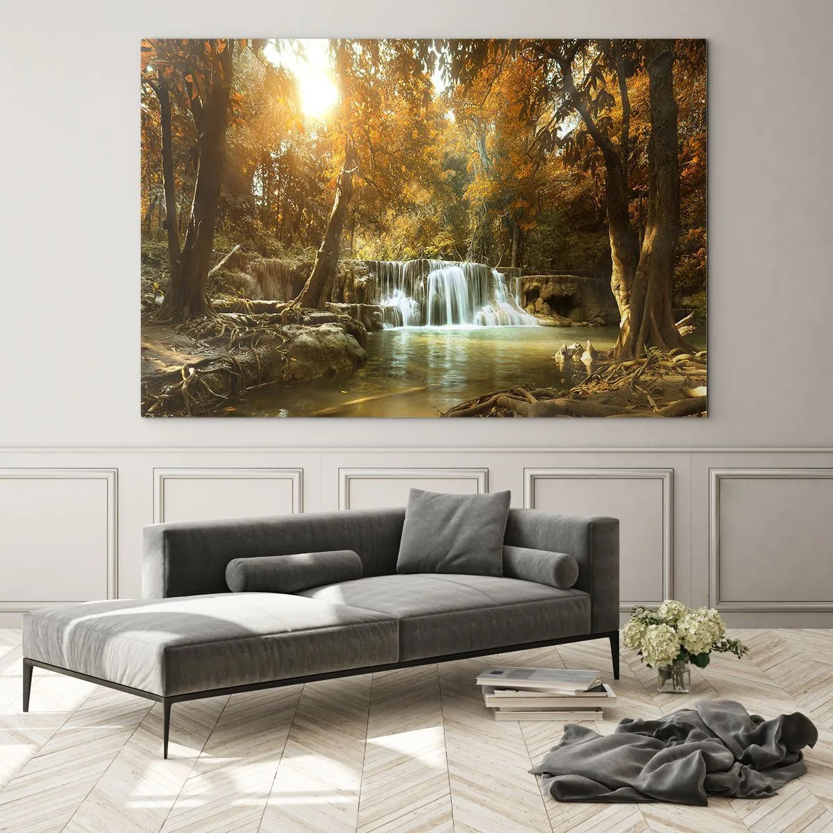 Impression sur verre - Image sur verre - Une cascade dans un parc entouré d'arbres aux couleurs d'automne - 70x50cm - Cascade du parc - Décoration murale moderne pour le salon et la chambre ARTTOR