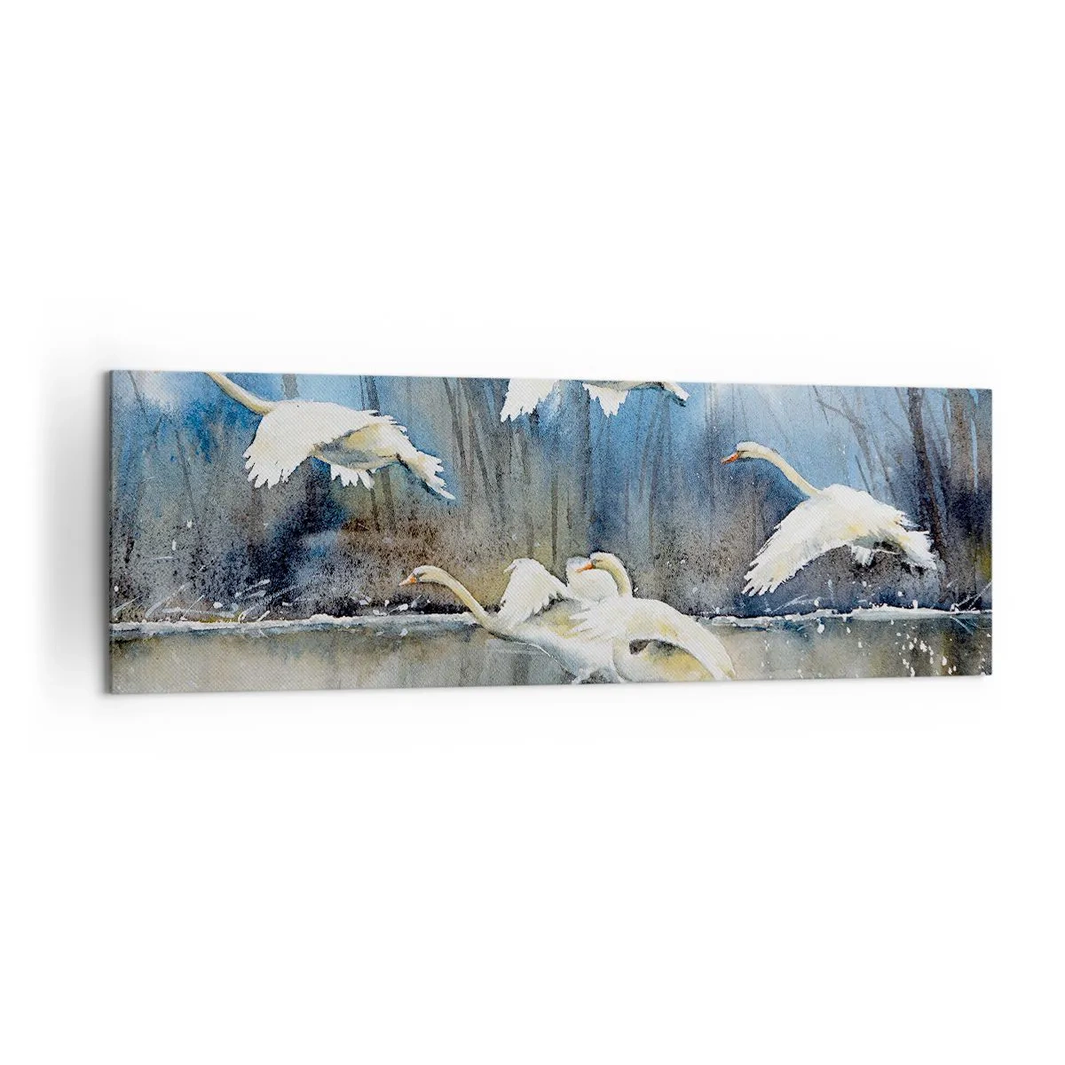 Impression sur toile - Image sur toile - Cygnes en vol au-dessus d'un lac gelé dans un paysage hivernal - 160x50cm - Comme dans un conte de fées sur les cygnes sauvages - Décoration murale moderne pour le salon et la chambre ARTTOR