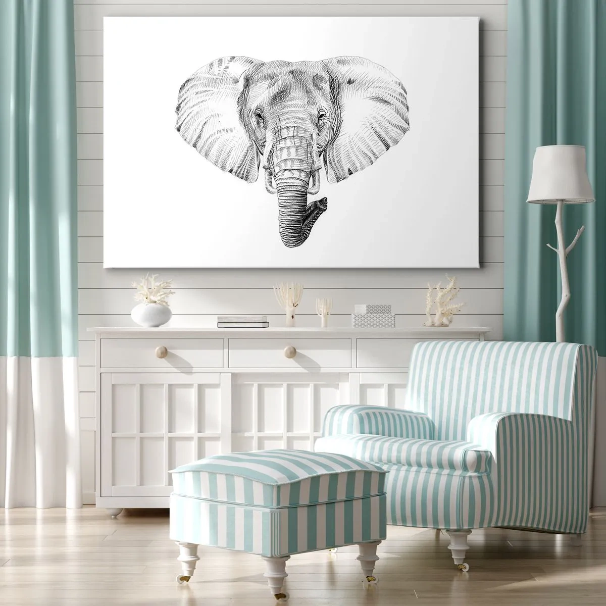 Impression sur toile - Image sur toile - Dessin en noir et blanc d'une tête d'éléphant sur fond blanc - 70x50cm - "Un éléphant ça trompe bien souvent" - Décoration murale moderne pour le salon et la chambre ARTTOR