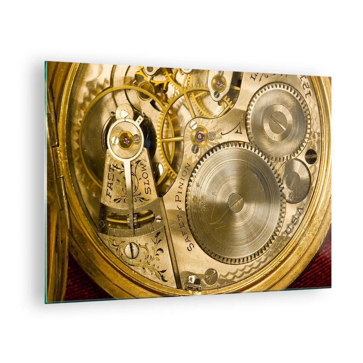 Impression sur verre - Image sur verre - Mécanisme de montre en finition dorée - 70x50cm - Marcher avec son temps - Décoration murale moderne pour le salon et la chambre ARTTOR