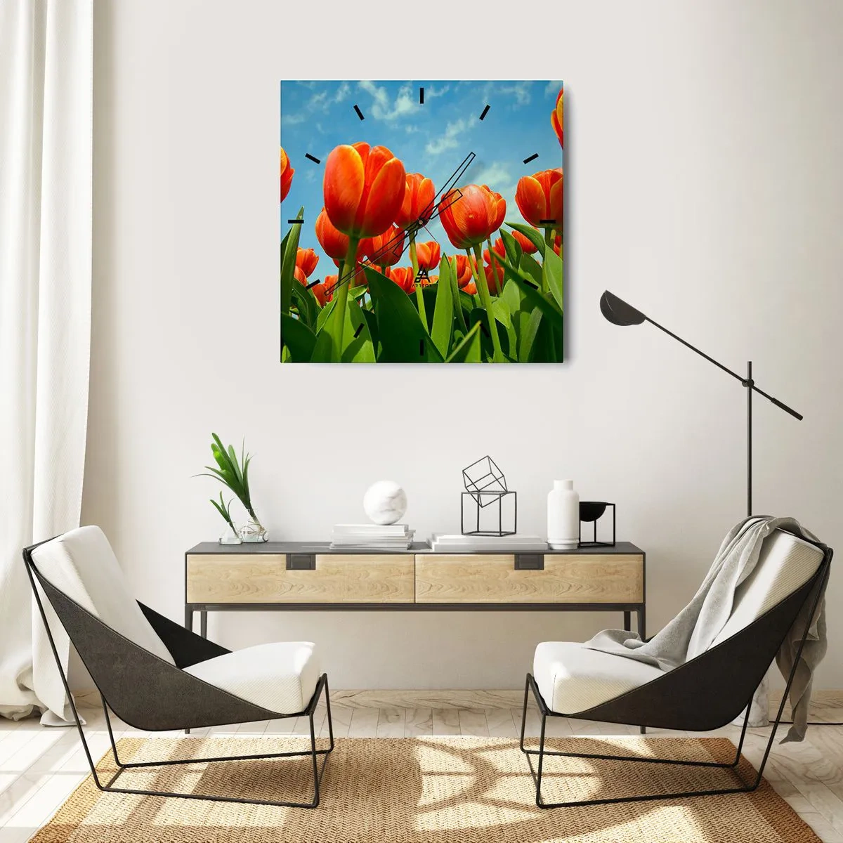 Horloge murale - Pendule murale - Un champ de tulipes rouges et oranges contre un ciel bleu - 30x30cm - A part le ciel bleu, ils n'ont besoin de rien dans leur vie - Décoration murale moderne pour le salon et la chambre ARTTOR