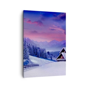 Impression sur toile - Image sur toile - Paysage d'hiver avec chalets de montagne au coucher du soleil - 50x70cm - Douce nuit - Décoration murale moderne pour le salon et la chambre ARTTOR