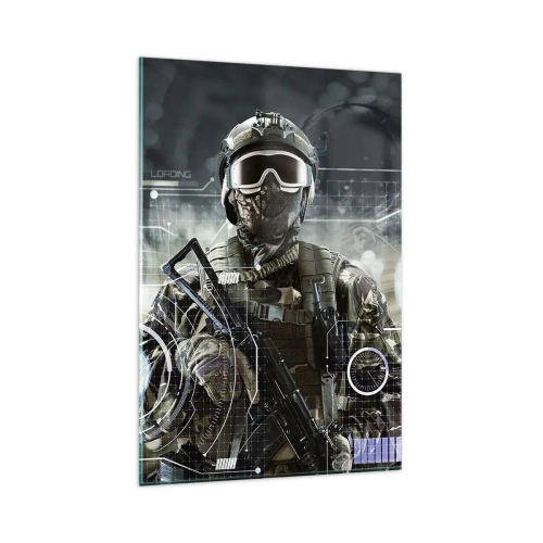 Impression sur verre - Image sur verre - Un soldat portant un casque futuriste avec une arme à feu en arrière-plan de la technologie. - 80x120cm - Puissance sans limite - Décoration murale moderne pour le salon et la chambre ARTTOR