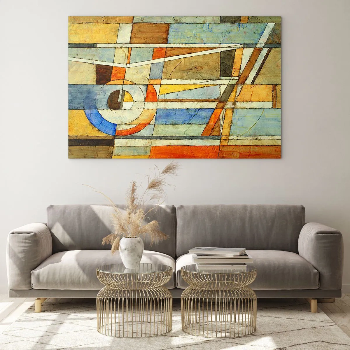 Impression sur verre - Image sur verre - Une composition abstraite aux motifs géométriques et aux couleurs chaudes. - 70x50cm - Cubisme sur le chantier - Décoration murale moderne pour le salon et la chambre ARTTOR