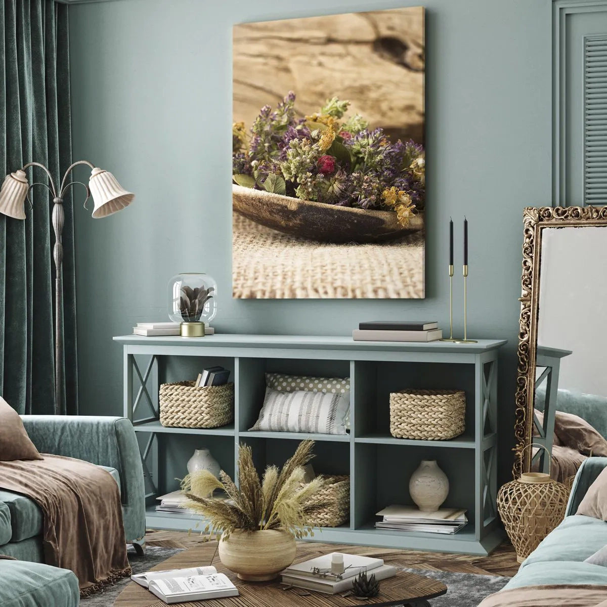 Impression sur toile - Image sur toile - Herbes séchées dans une cuillère en bois sur un fond en bois naturel - 50x70cm - Fleurs colorées et herbes parfumées - Décoration murale moderne pour le salon et la chambre ARTTOR
