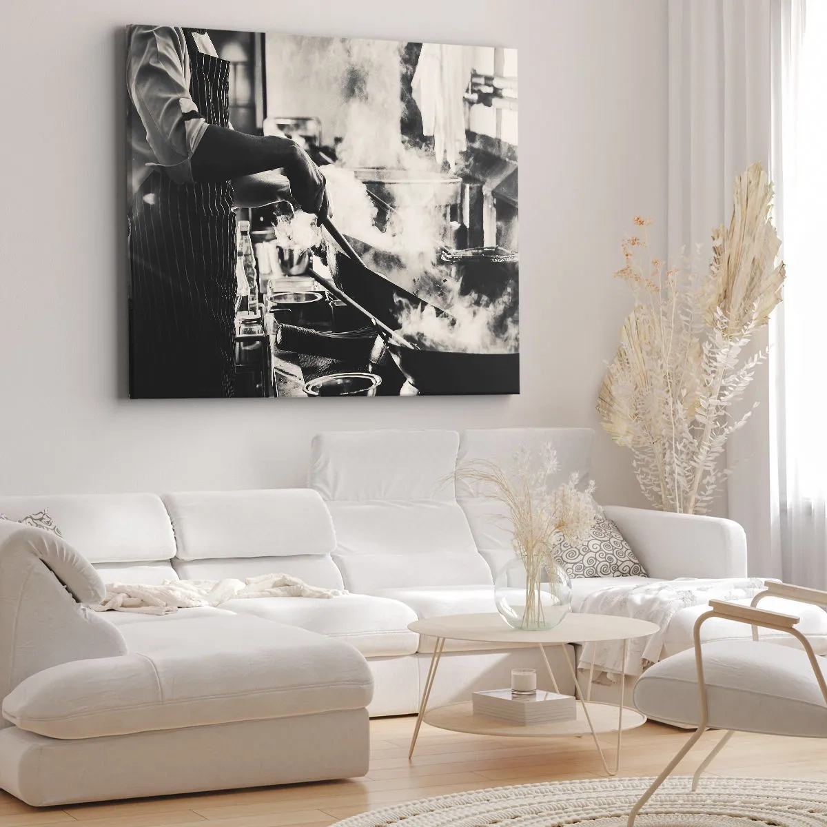 Impression sur toile - Image sur toile - Un chef au travail dans la cuisine avec de la vapeur s'élevant d'une poêle à frire - 70x50cm - Alchimie des saveurs - Décoration murale moderne pour le salon et la chambre ARTTOR