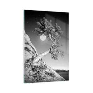 Impression sur verre - Image sur verre - Arbre noir et blanc sur une falaise avec la lune en arrière-plan - 80x120cm - Un combattant vainqueur - Décoration murale moderne pour le salon et la chambre ARTTOR