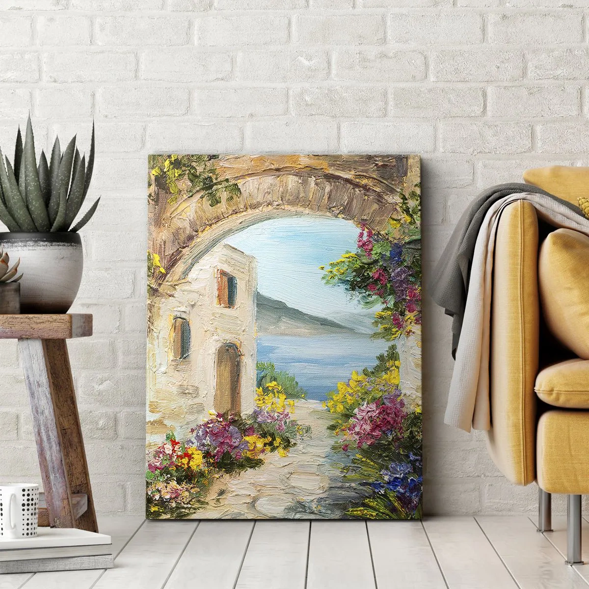 Impression sur toile - Image sur toile - Paysage de bord de mer avec des bâtiments en pierre et des fleurs - 50x70cm - Le charme d'une province côtière - Décoration murale moderne pour le salon et la chambre ARTTOR