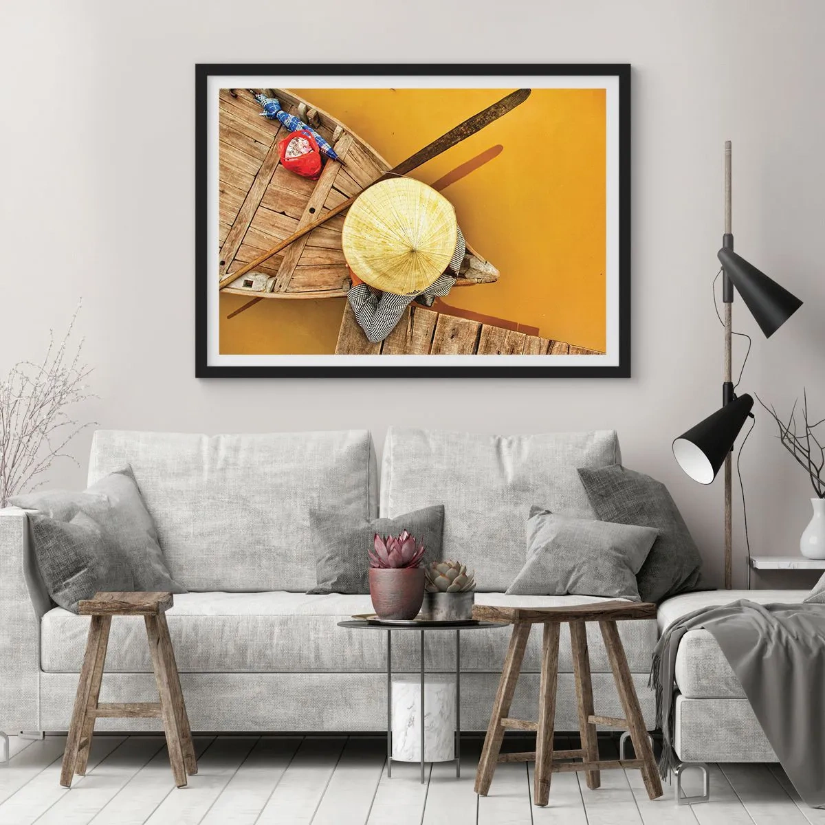 Affiche dans un cadre noir - Poster - Un bateau traditionnel vu à vol d'oiseau - 70x50cm - La vie sur le fleuve Jaune - Décoration murale moderne pour le salon et la chambre ARTTOR