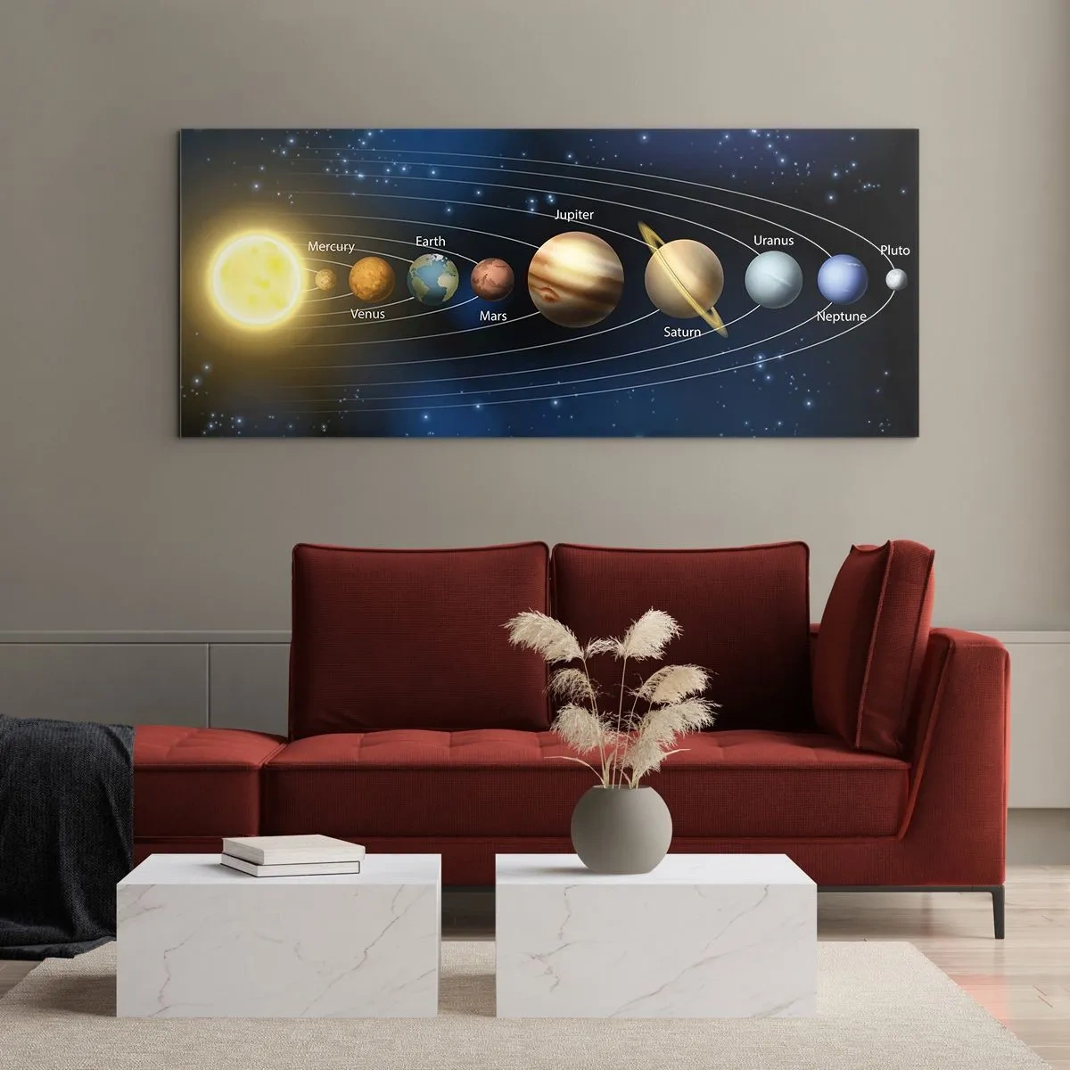 Impression sur verre - Image sur verre - Schéma du système solaire avec les planètes et le soleil - 160x50cm - L'une des dix - Décoration murale moderne pour le salon et la chambre ARTTOR