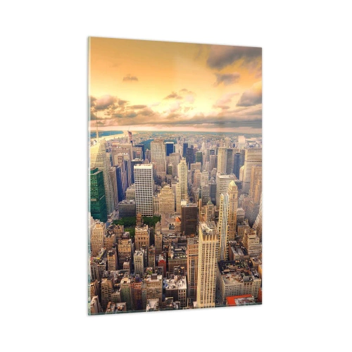 Impression sur verre - Image sur verre - Panorama de la ville avec des gratte-ciels au coucher du soleil - 50x70cm - Métropole dorée - Décoration murale moderne pour le salon et la chambre ARTTOR