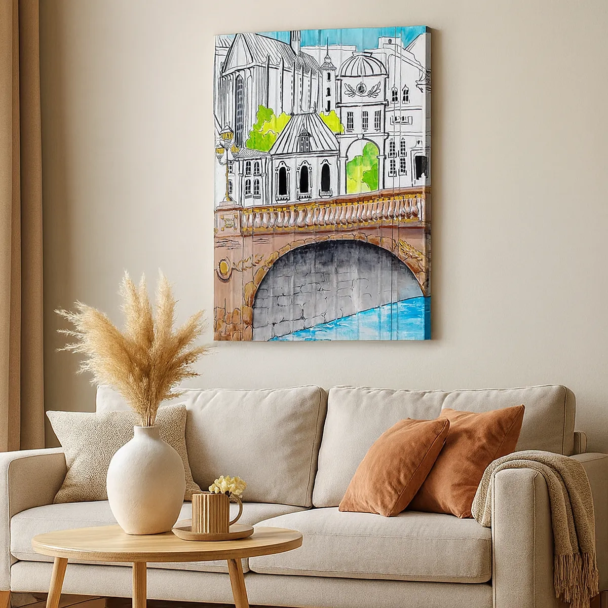 Impression sur toile - Image sur toile - Dessin du pont et de l'architecture urbaine historique - 50x70cm - Une ville comme peinte - Décoration murale moderne pour le salon et la chambre ARTTOR