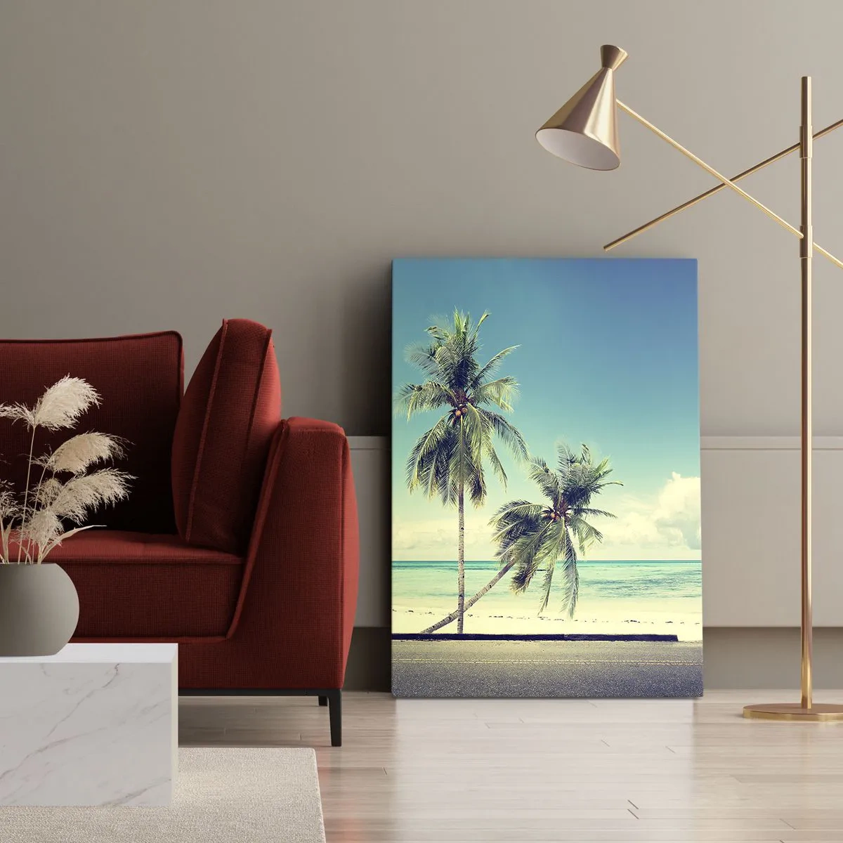 Impression sur toile - Image sur toile - Une camionnette rose avec une planche de surf sur une plage tropicale. - 50x70cm - Il est temps de commencer les vacances - Décoration murale moderne pour le salon et la chambre ARTTOR