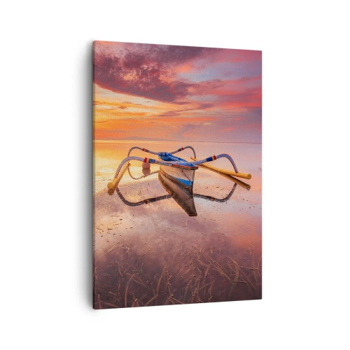 Impression sur toile - Image sur toile - Un bateau sur une eau calme au coucher du soleil - 50x70cm - Le calme d'une soirée tropicale - Décoration murale moderne pour le salon et la chambre ARTTOR