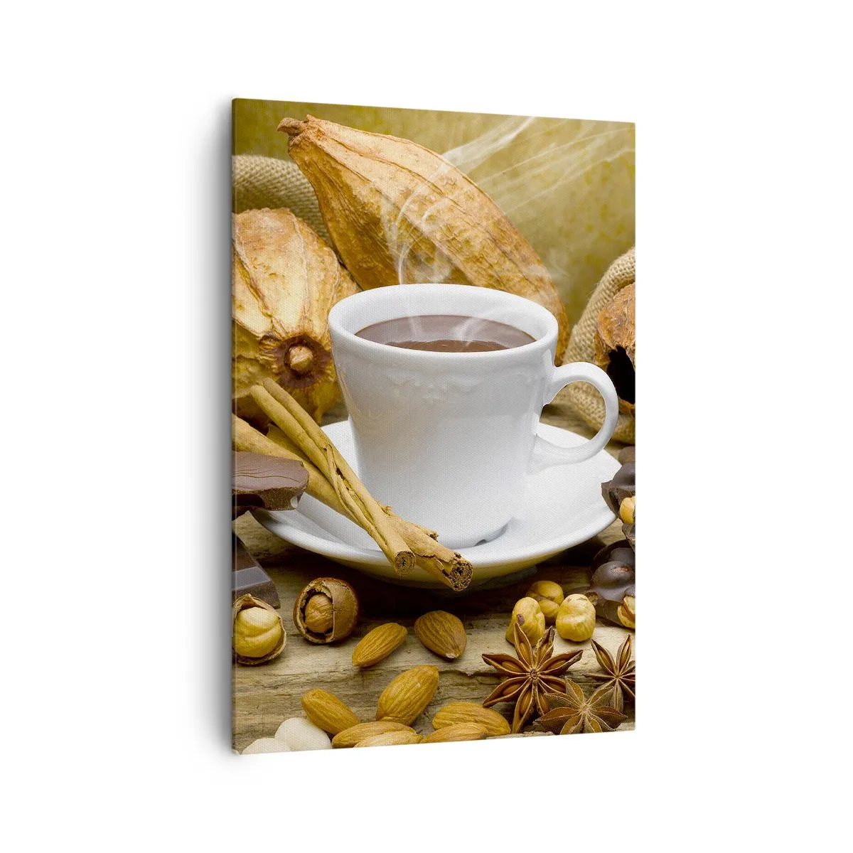 Impression sur toile - Image sur toile - Une tasse de chocolat chaud entourée de cacao et de cannelle - 70x100cm - Pour les amateurs de sensations fortes - Décoration murale moderne pour le salon et la chambre ARTTOR