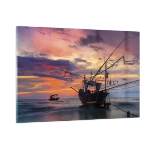 Impression sur verre - Image sur verre - Bateaux de pêche en mer au coucher du soleil - 120x80cm - Soirée exotique - Décoration murale moderne pour le salon et la chambre ARTTOR