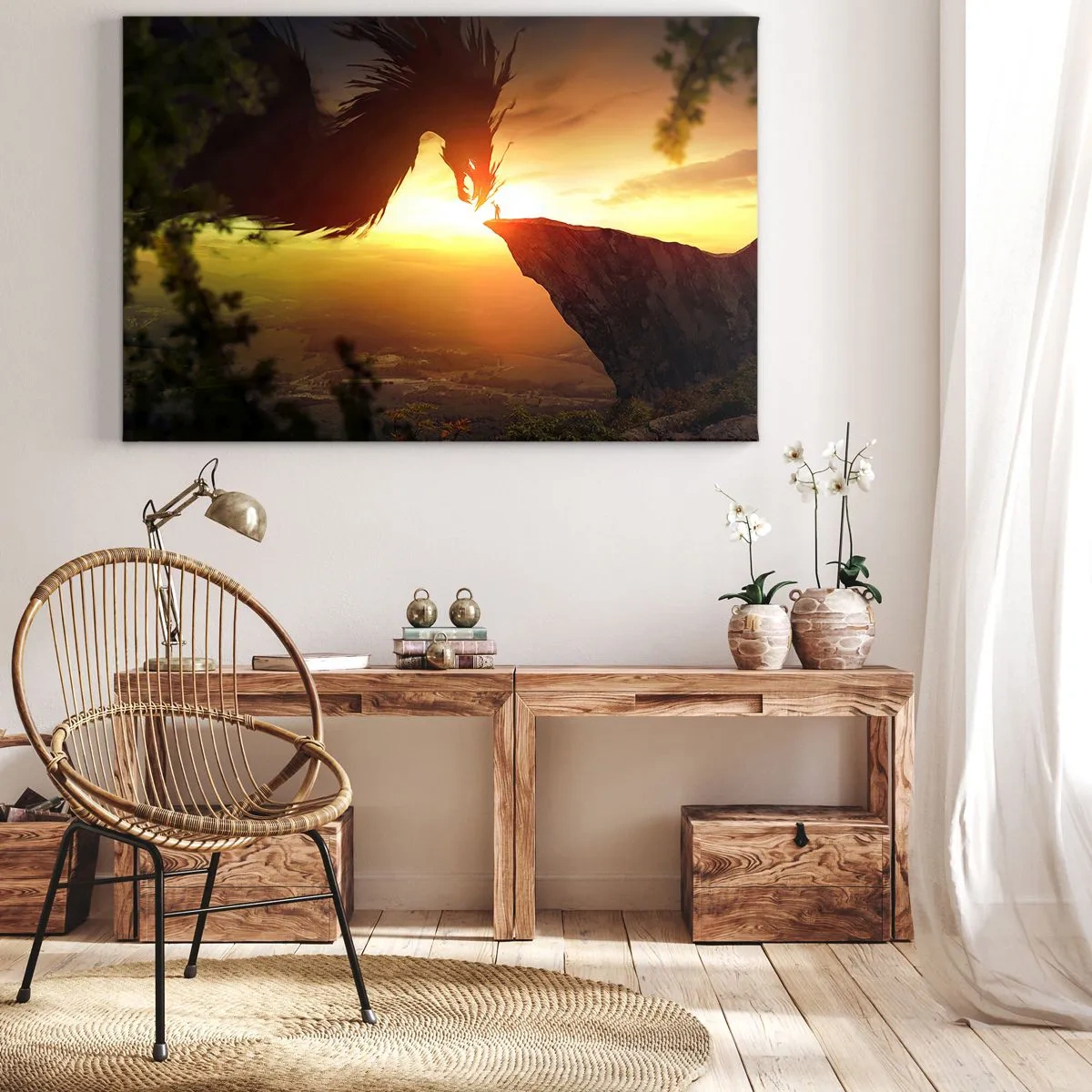 Impression sur toile - Image sur toile - Un dragon et un homme sur un rocher dans la lueur du soleil couchant - 70x50cm - Chasseur de dragon - Décoration murale moderne pour le salon et la chambre ARTTOR