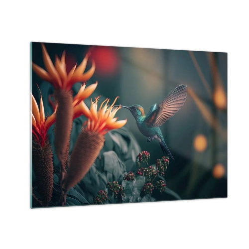 Impression sur verre - Image sur verre - Un colibri plane au-dessus de fleurs exotiques parmi les feuilles. - 70x50cm - une vie vraiment colorée - Décoration murale moderne pour le salon et la chambre ARTTOR