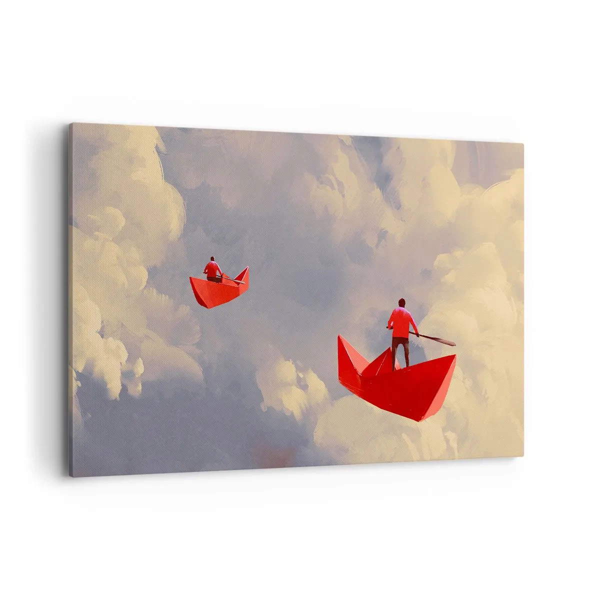 Impression sur toile - Image sur toile - Bateaux en papier rouges flottant dans les nuages - 120x80cm - Expédition des Rêveurs - Décoration murale moderne pour le salon et la chambre ARTTOR