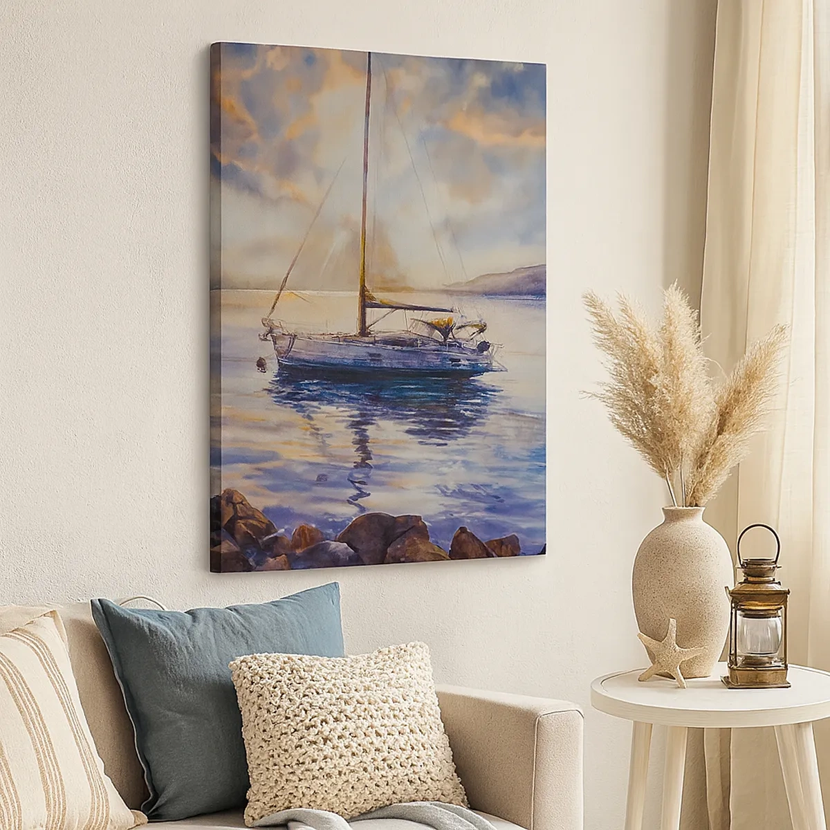 Impression sur toile - Image sur toile - Un yacht sur une mer calme au coucher du soleil - 50x70cm - Soirée sur la baie - Décoration murale moderne pour le salon et la chambre ARTTOR